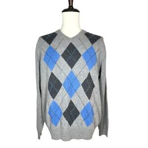 Allen Solly | Men | 100% 2-Ply Cashmere Gray Argyle V-Neck Sweater | Size Large